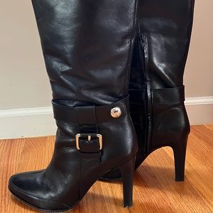 Black Leather Heeled Buckle Detail Knee High Boots, size 9